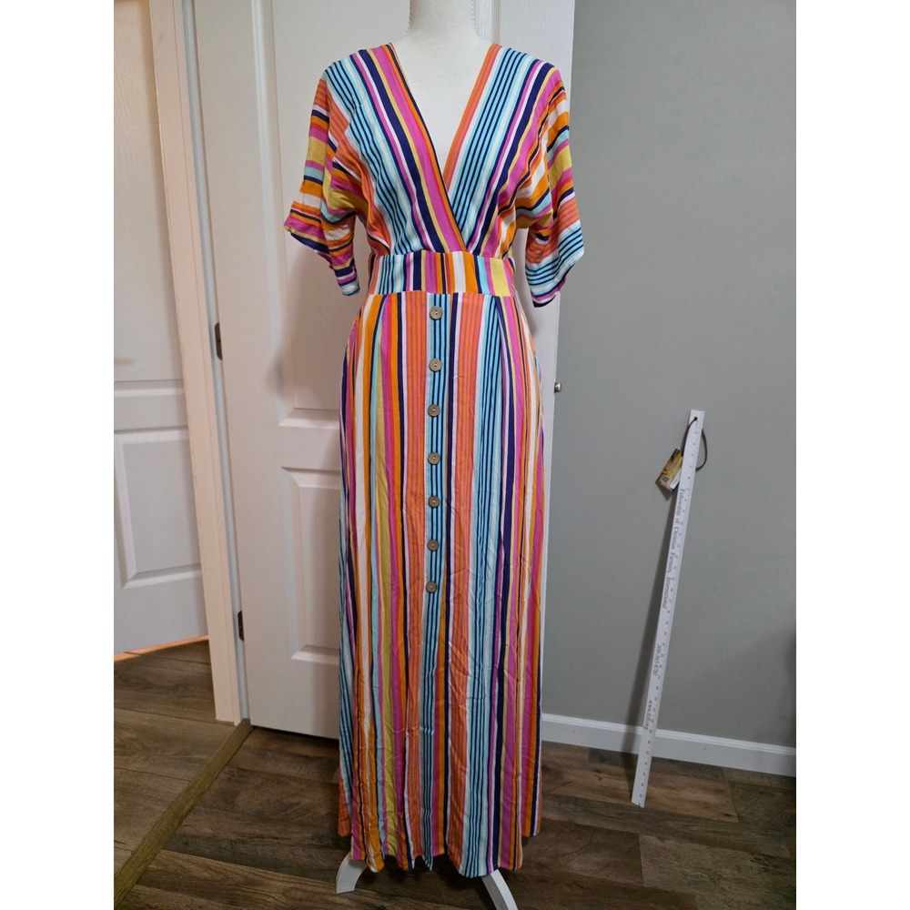 Harper Heritage Francescas Striped Maxi Dress Pink Orange Blue Small 70s Style